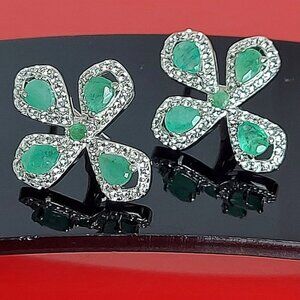 Natural‎ Emerald  &White Topaz 925 Sterling Silver Earrings